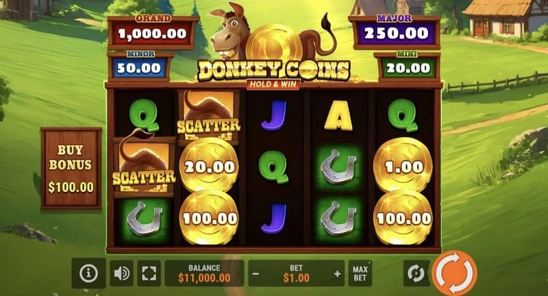 Donkey Coins Hold & Win - päänäyttö rullilla